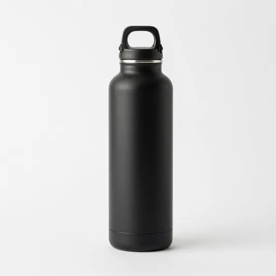 Black travel bottle product photo without labels