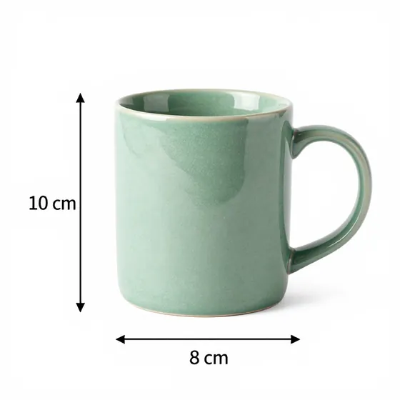 Green ceramic mug with height and width dimension labels